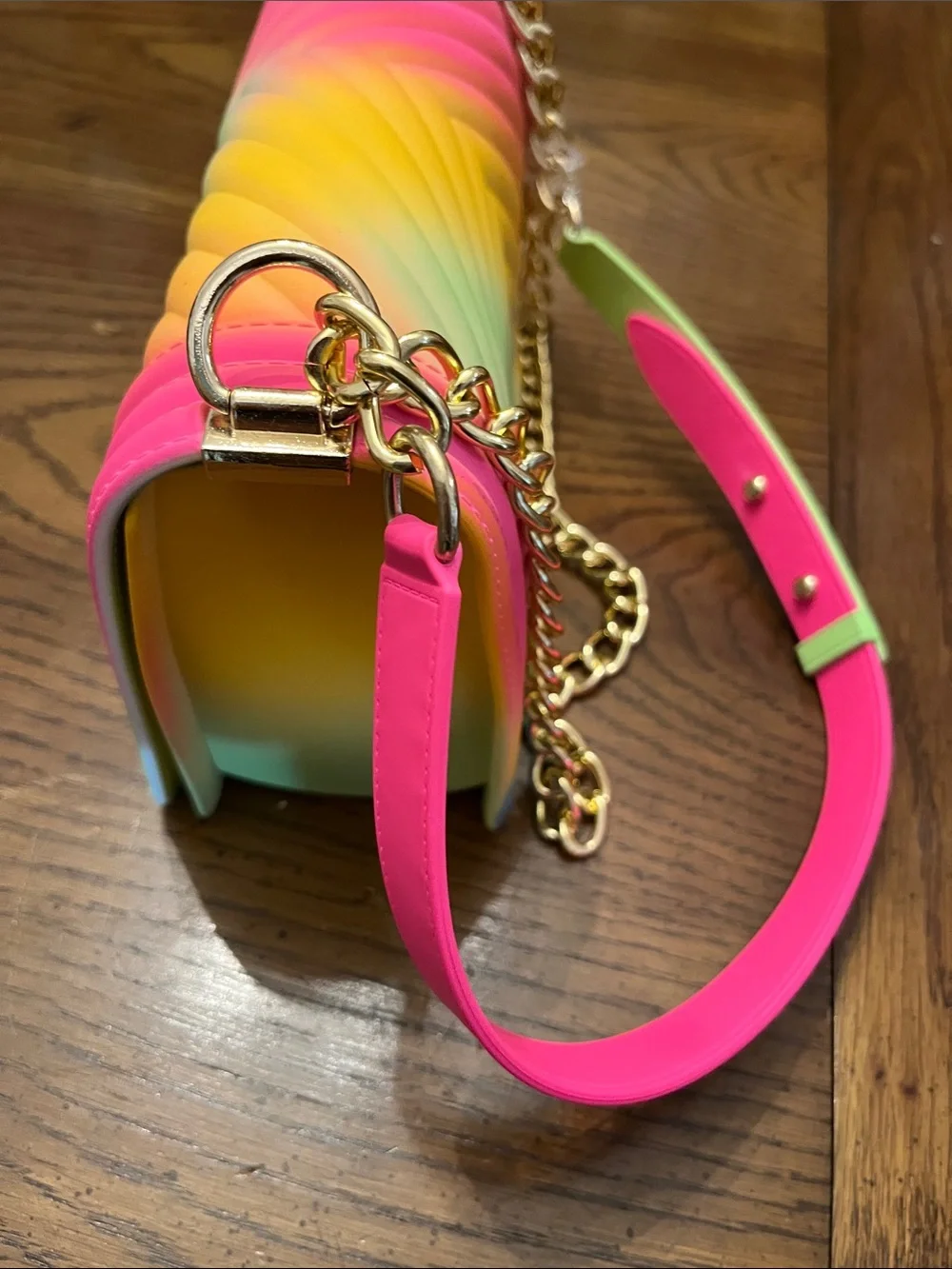 Rainbow Gradient Quilted Jelly Crossbody Bag with Gold Chain